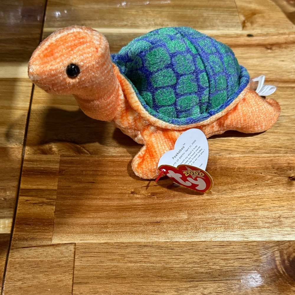 Ty Plush Turtle Toy in Orange with Green & Blue Shell peekaboo